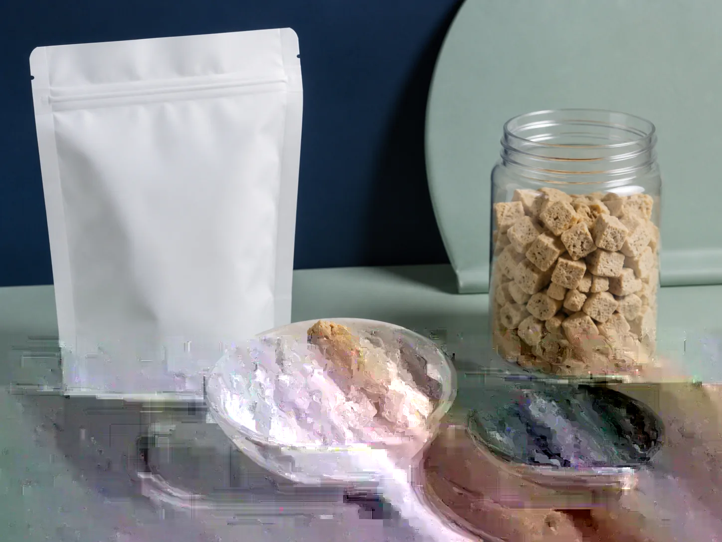 Representative freeze-dried cat treat and topper development concept in unbranded packaging
